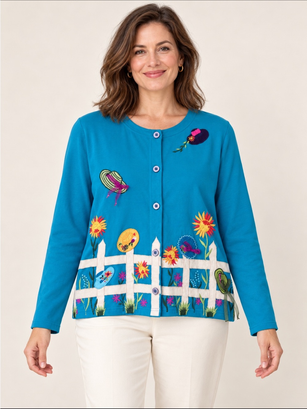 Michael Simon Lite Teal Embroidered Garden Cardigan Size Medium